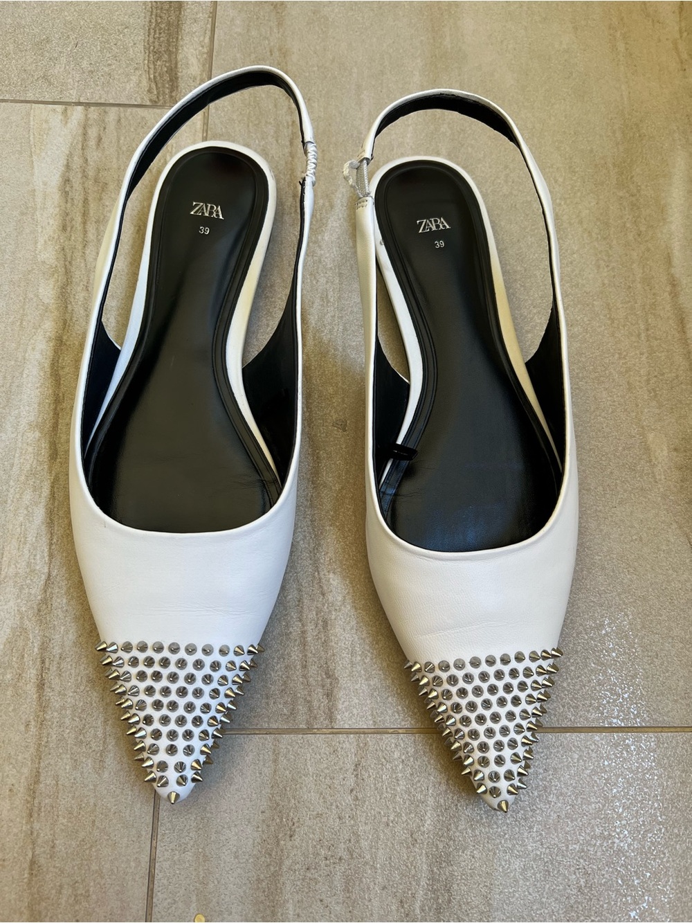 ZARA White Pointed Slingback Flats with Silver Spike Studs